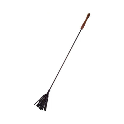 Black leather riding crop with multiple leather strips and a smooth wooden handle on a white background.