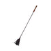 Black leather riding crop with multiple leather strips and a smooth wooden handle on a white background.