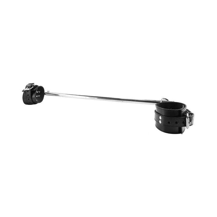 Adjustable 30-inch tubular steel leg spreader bar with black leather cuffs and metal buckles for secure fit.