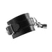 Close-up of black leather adjustable cuff with metal buckle and attachment ring on a tubular steel leg spreader bar.