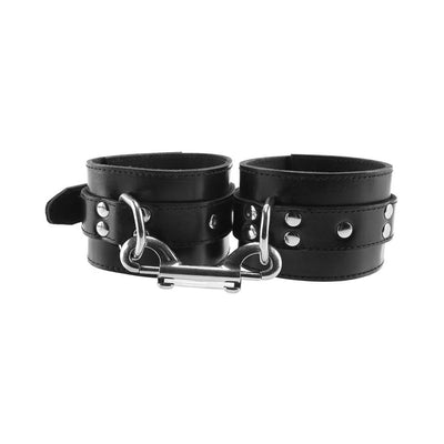 Adjustable black leather leg cuffs connected by a silver metal spreader bar with rivet details.