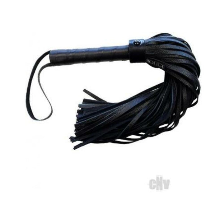 Black leather flogger with long strips and wrapped handle featuring a wrist loop for secure grip.