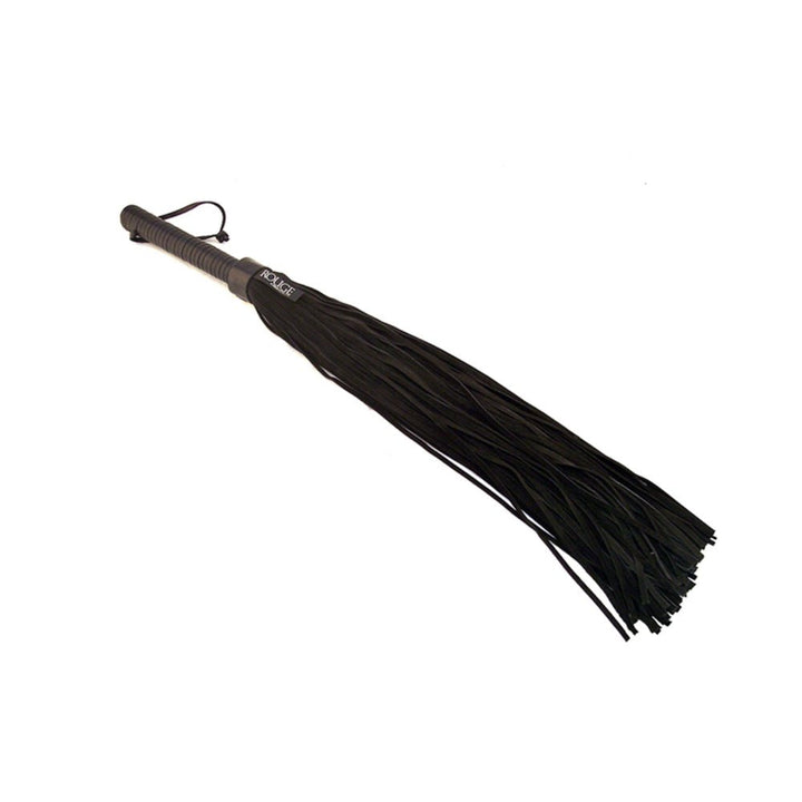Black suede flogger with long strands and a wrapped leather handle with wrist loop.
