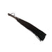 Black suede flogger with long strands and a wrapped leather handle with wrist loop.