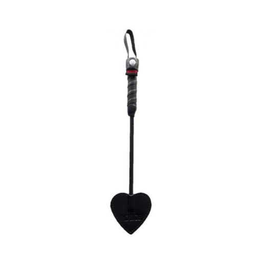 Black mini heart-shaped paddle with wrapped handle and wrist strap for playful impact.