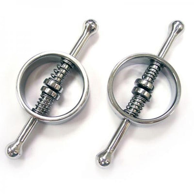 Pair of stainless steel spring-loaded nipple clamps with adjustable tension rings on a white background.