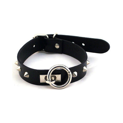 Black leather dog collar with silver studs and a central silver O-ring detail, adjustable buckle closure.