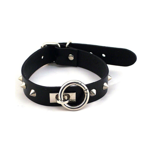 Black leather dog collar with silver studs and a central silver O-ring detail, adjustable buckle closure.