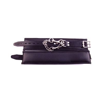 Black padded leather ankle cuffs with adjustable buckle straps and detachable silver chain with trigger hooks.