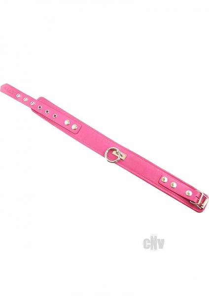 Pink leather collar with adjustable buckle and single silver O-ring detail on white background.