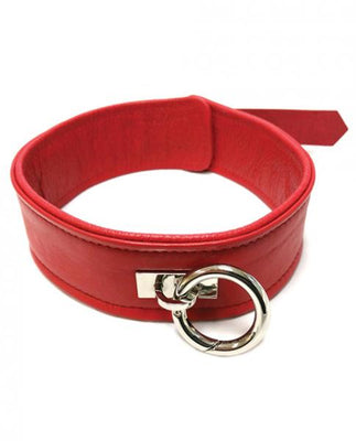 Red leather collar with a single polished silver O-ring and adjustable strap for a secure fit.