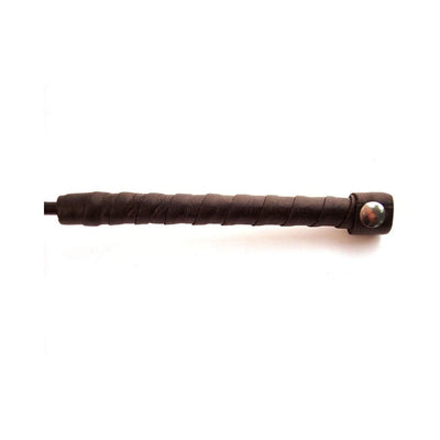 Close-up of black leather-wrapped handle of a riding crop with metal rivet detail on white background.