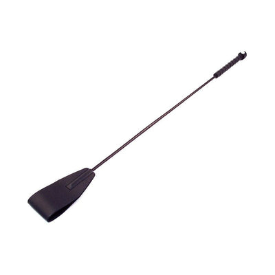 Black riding crop with hand-braided shaft and leather grip, designed for equestrian use and style.
