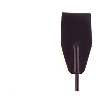 Close-up of black riding crop with leather tip and braided shaft detail on white background.