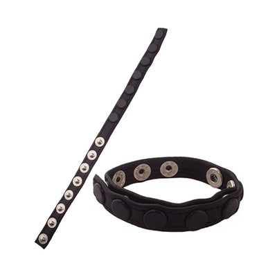 Black adjustable leather strap with multiple snap buttons for a customizable fit, shown flat and coiled.