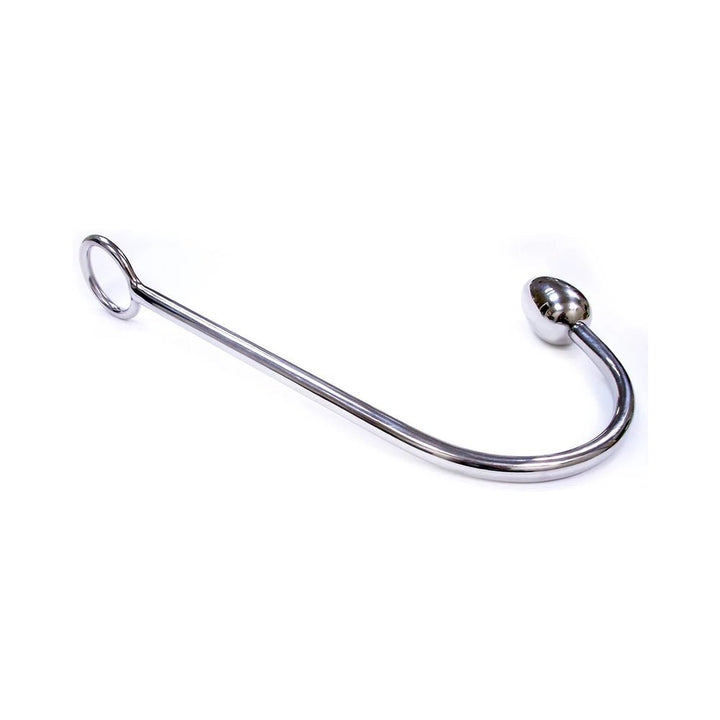 Sleek stainless steel anal hook with a curved design, featuring a rounded insertable end and a circular handle.