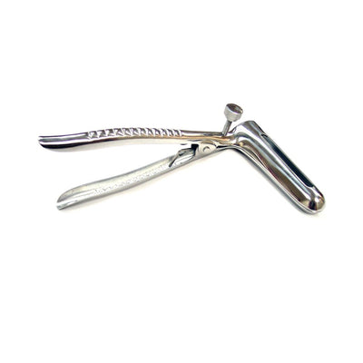 Polished stainless steel anal speculum with adjustable screw and textured handles on white background