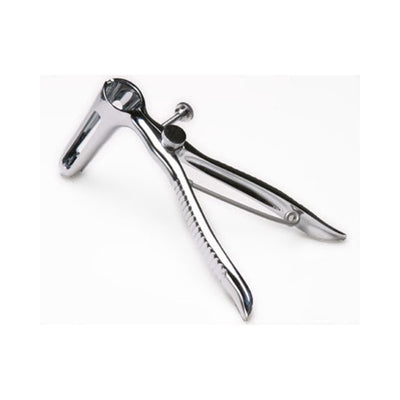 Polished stainless steel anal speculum with adjustable screw and ergonomic handles on white background.