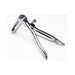 Polished stainless steel anal speculum with adjustable screw and ergonomic handles on white background.