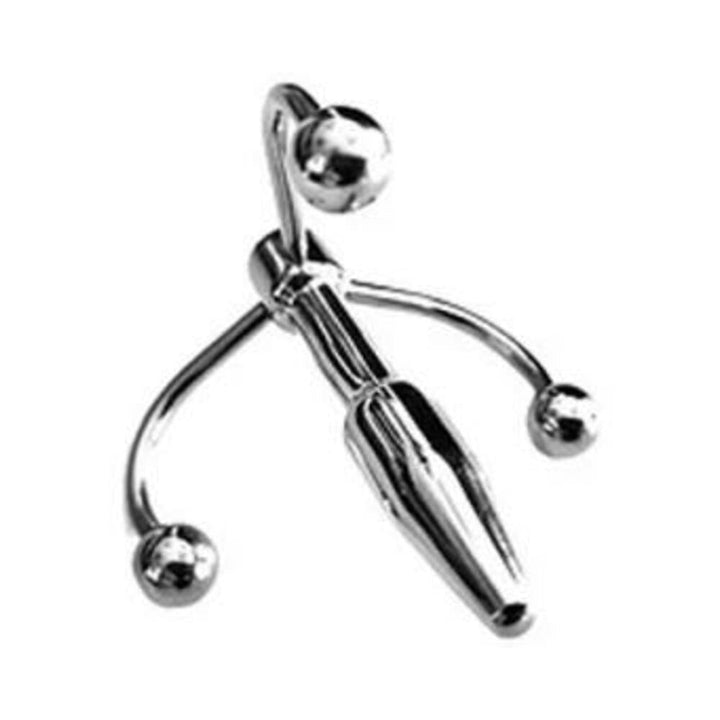 Polished stainless steel crown-shaped penis plug with three rounded hooks for safe and stimulating wear.