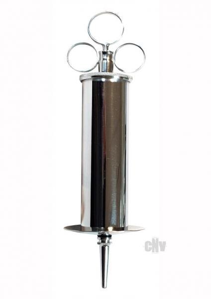 Stainless steel enema syringe with three-ring plunger handle and tapered nozzle tip on white background.