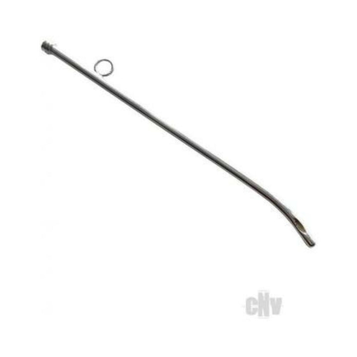 Slim curved stainless steel female urethra sound with a small ring accessory on a white background.