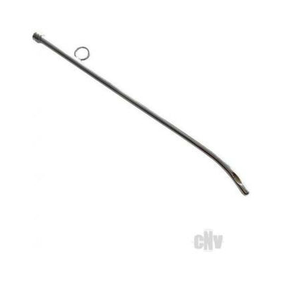 Slim curved stainless steel female urethra sound with a small ring accessory on a white background.