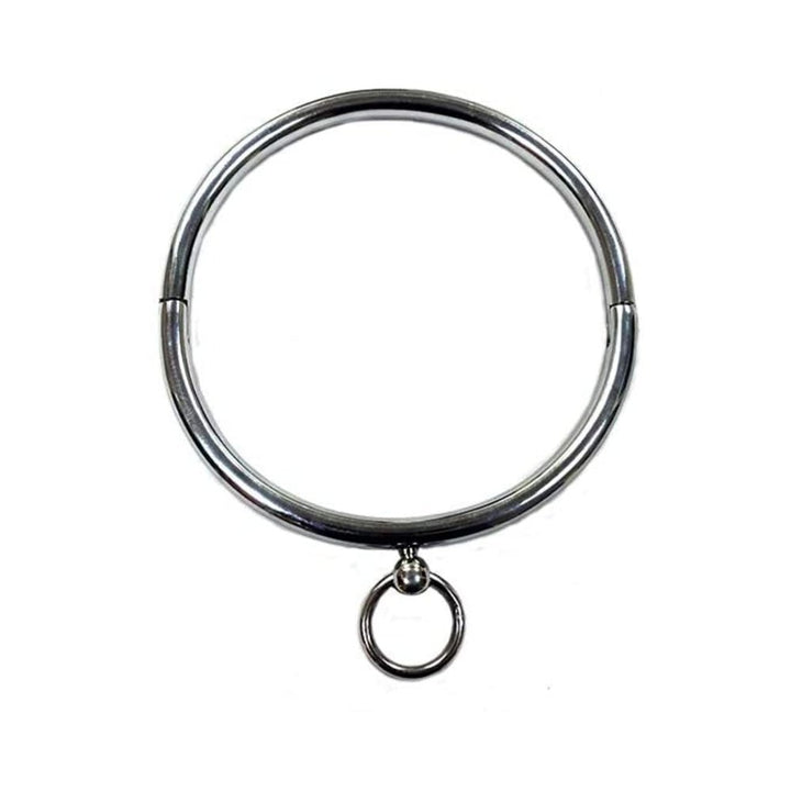 Silver stainless steel ring collar with attached O-ring on a white background.