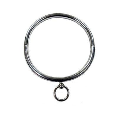 Silver stainless steel ring collar with attached O-ring on a white background.