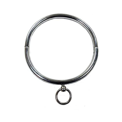 Silver stainless steel ring collar with attached O-ring on a white background.