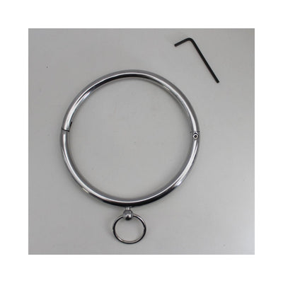 Silver stainless steel ring collar with attached O-ring and included black allen key on a plain background.