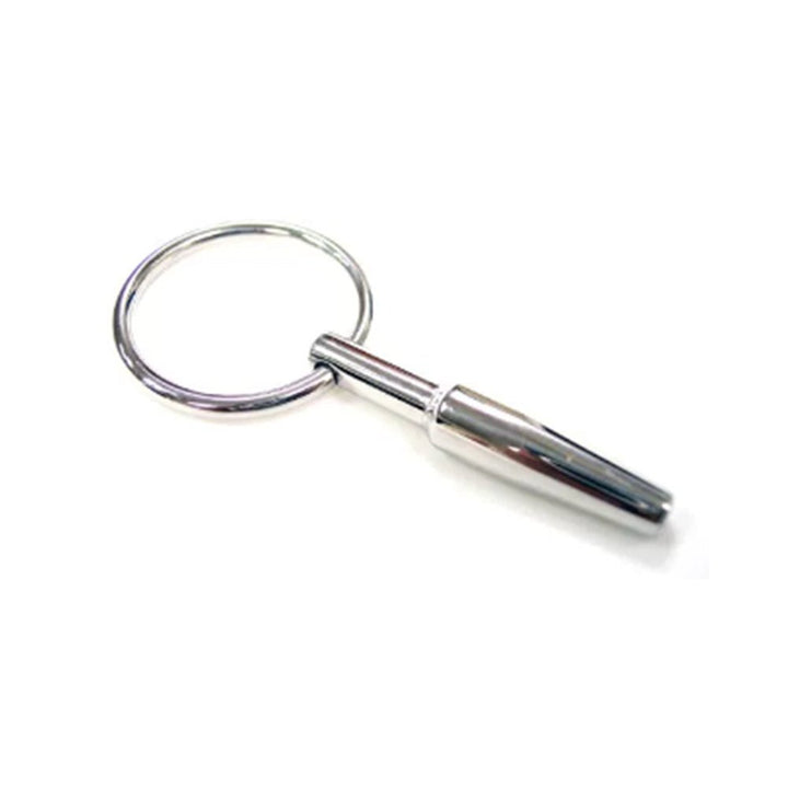 Polished stainless steel urethral probe with tapered tip and ring pull for easy removal, designed for comfort and secure fit.
