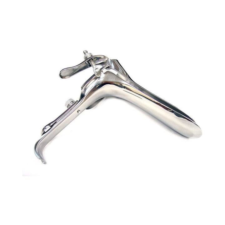 Stainless steel vaginal speculum with adjustable lateral ratchet and detachable lower part for gynecological use.