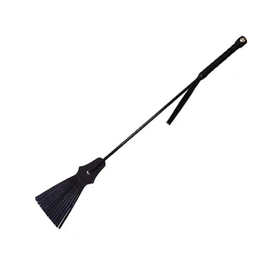 Black leather tasseled riding crop with wrapped handle and dual leather strips for varied sensation.