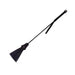 Black leather tasseled riding crop with wrapped handle and dual leather strips for varied sensation.