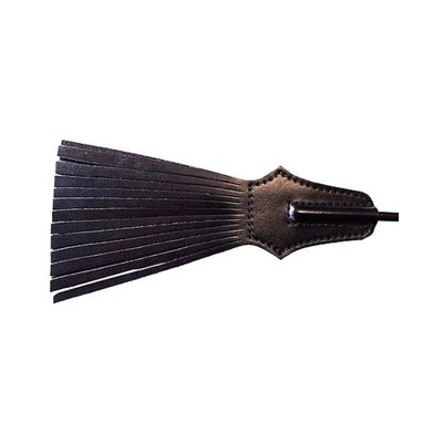 Black leather tasseled riding crop with stitched detailing and multiple thin strips for dual-action use.