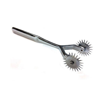 Stainless steel dual-headed pinwheel with two spiked wheels for sensory stimulation and teasing play.