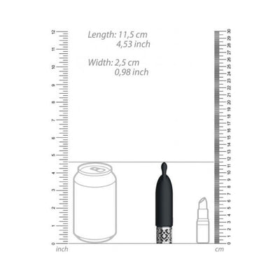 Black rechargeable silicone bullet vibrator with decorative base, shown next to a soda can and lipstick for size comparison.