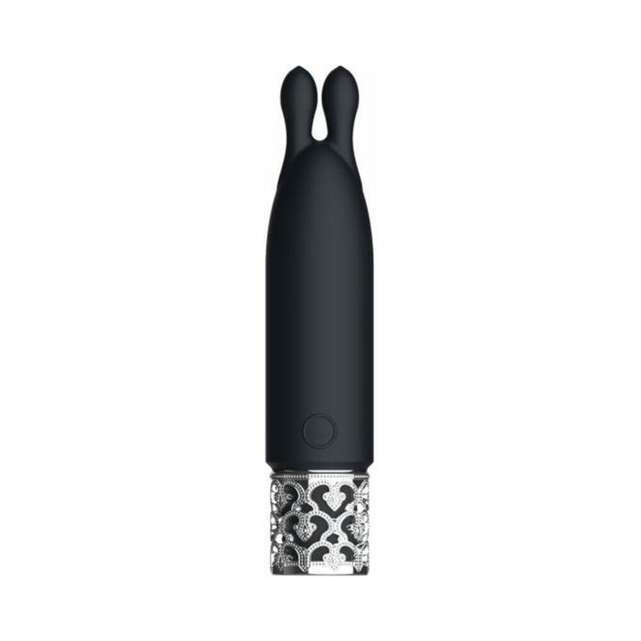 Black rechargeable silicone bullet vibrator with dual ear-shaped tips and decorative silver base.