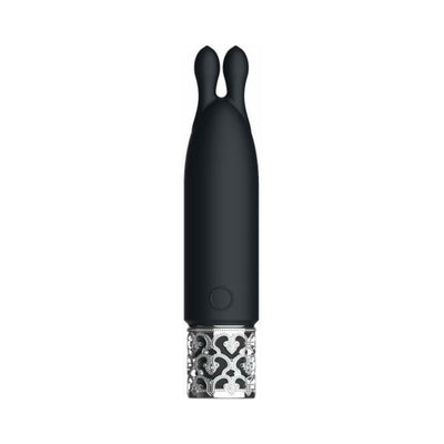 Black rechargeable silicone bullet vibrator with dual ear-shaped tips and decorative silver base.