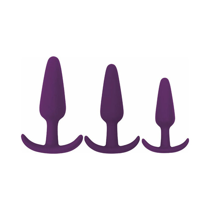 Set of three purple silicone anal plug trainers in graduated sizes with curved bases for comfort and secure fit.