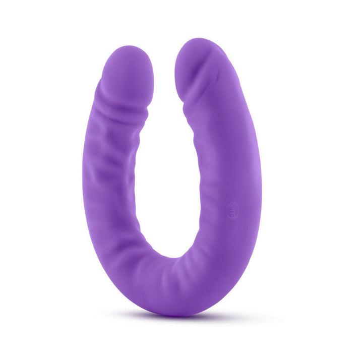 Purple 18-inch slim double-ended silicone dildo with realistic texture and smooth finish.