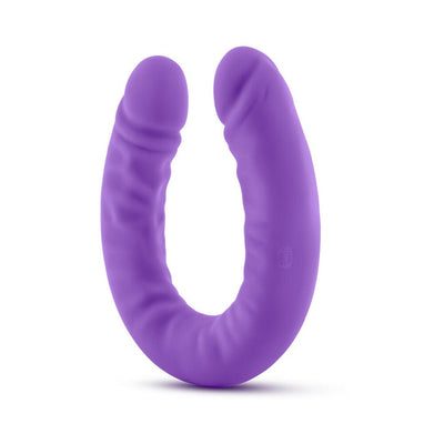 Purple 18-inch slim double-ended silicone dildo with realistic texture and smooth finish.