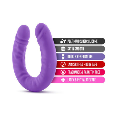 Purple 18-inch slim double-ended silicone toy with key features listed including body safe, latex free, and satin smooth finish.