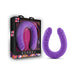 Purple 18-inch slim double-ended silicone dildo with realistic texture shown next to its colorful black and purple packaging.
