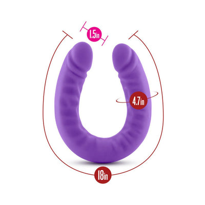 Purple 18-inch slim double-ended silicone dildo with 1.5-inch tip diameter and 4.7-inch girth measurements.