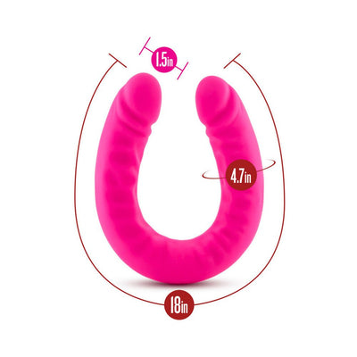 Bright pink silicone double-ended dildo with 18-inch length, 1.5-inch diameter tips, and 4.7-inch girth measurement.