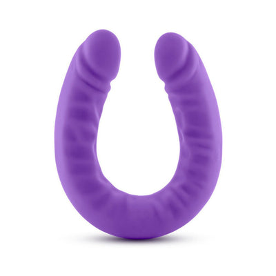 Purple 18-inch slim double-ended silicone dildo with realistic texture and smooth finish.