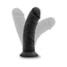 Black curved dildo with textured shaft and suction cup base shown in multiple angled positions on white background.