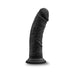 Black curved dildo with textured shaft and suction cup base standing upright on white background